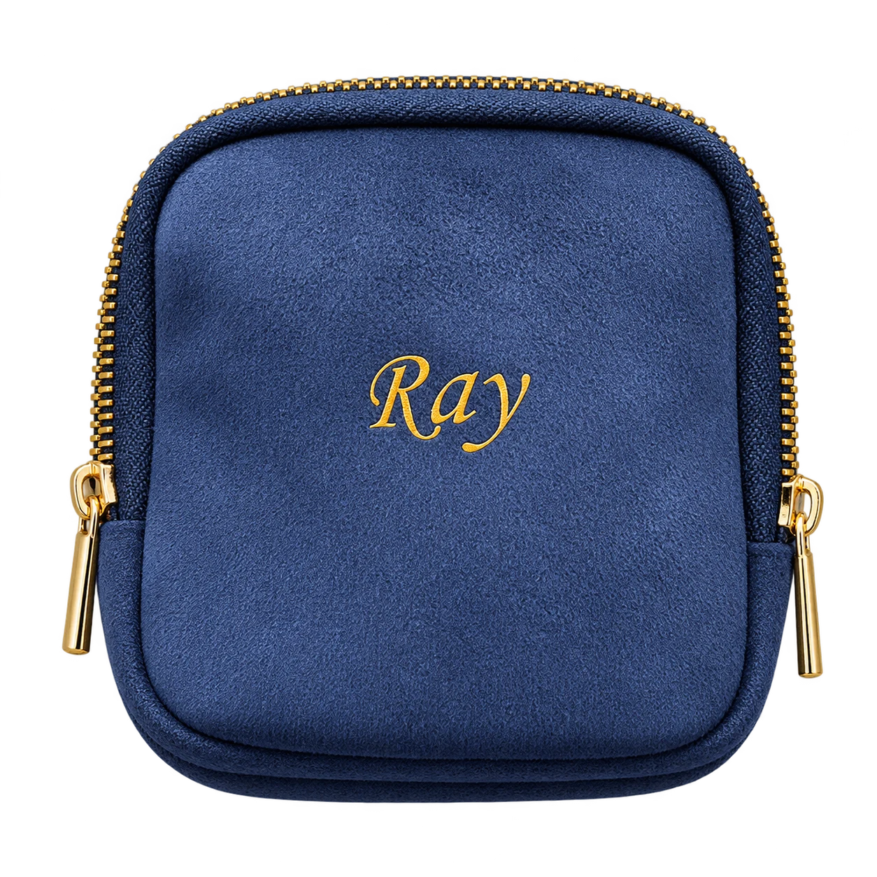 Gold lettering on a navy pouch.