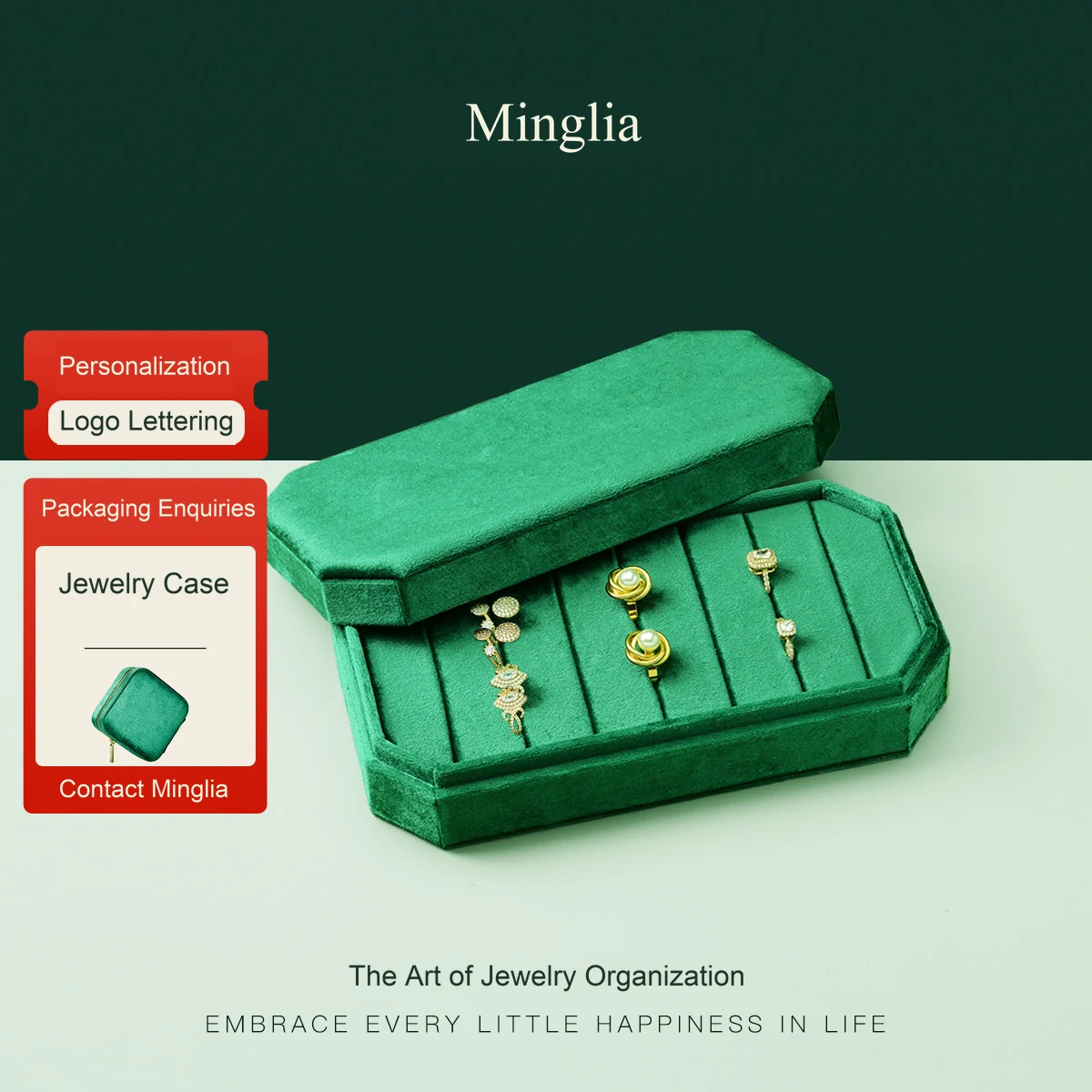J-DT1 Divided velvet jewelry case, shown in Emerald green
