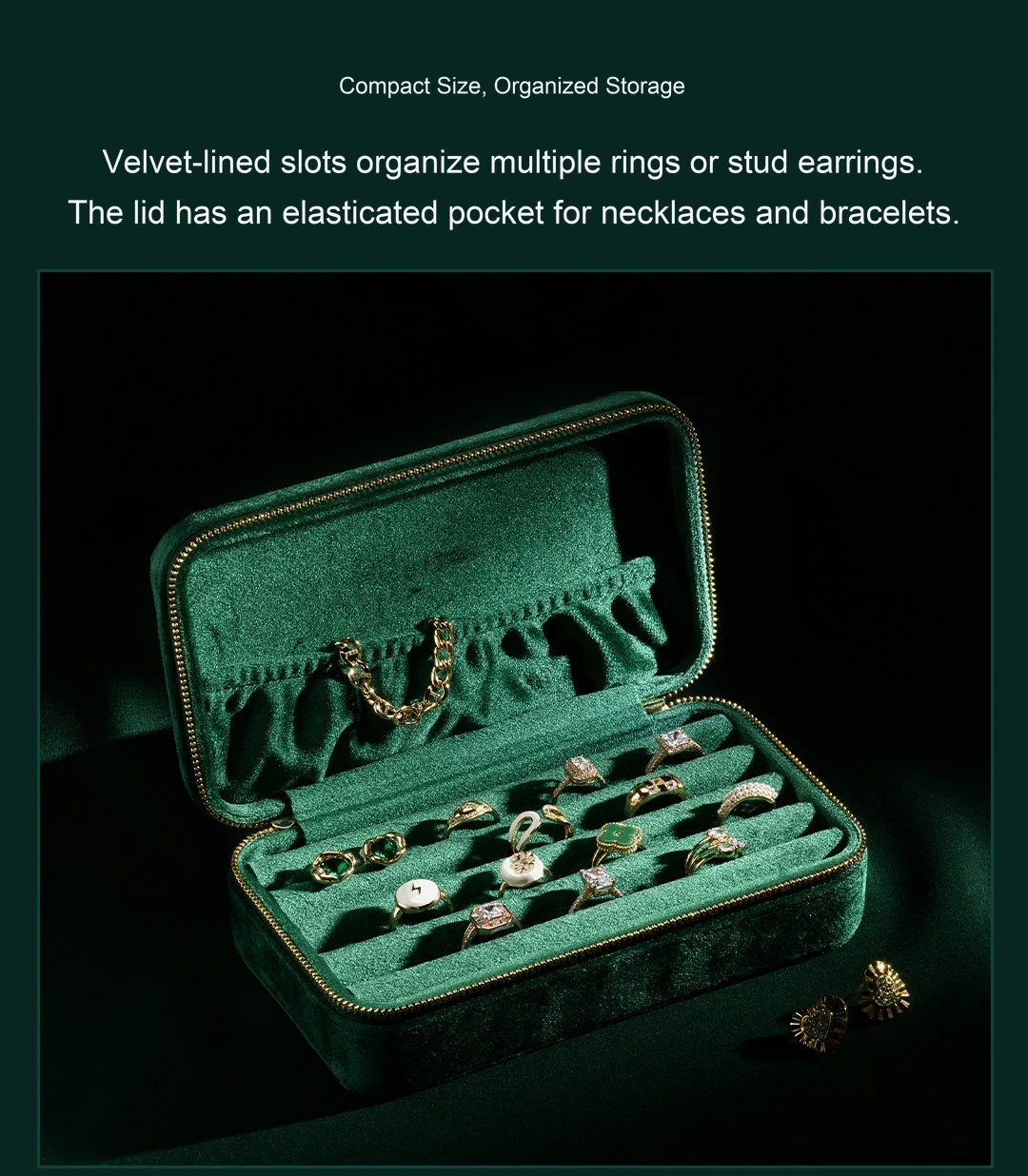 Rows for rings. A pocket for small pieces.