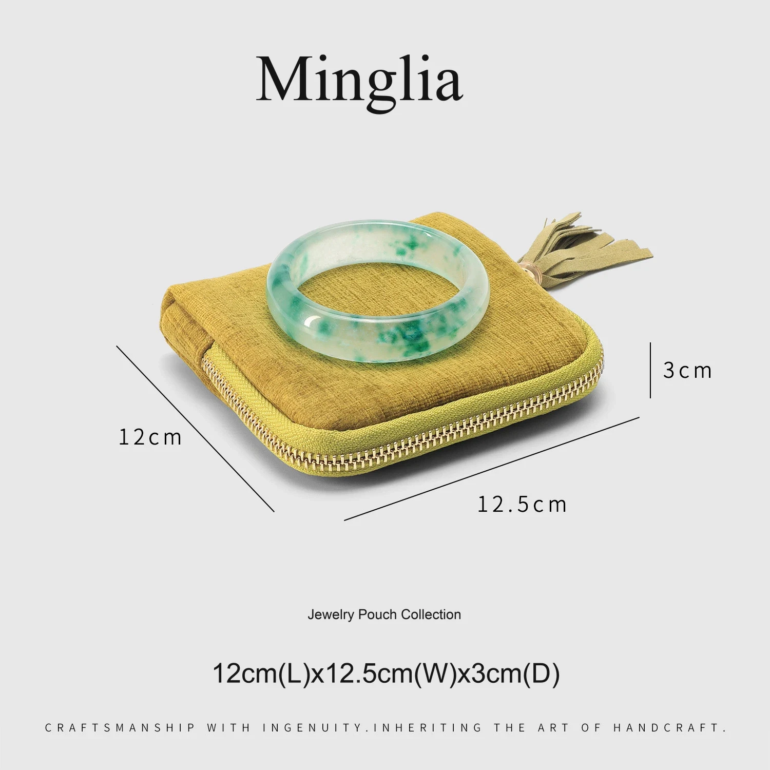 Apricot yellow · closed pouch and size reference