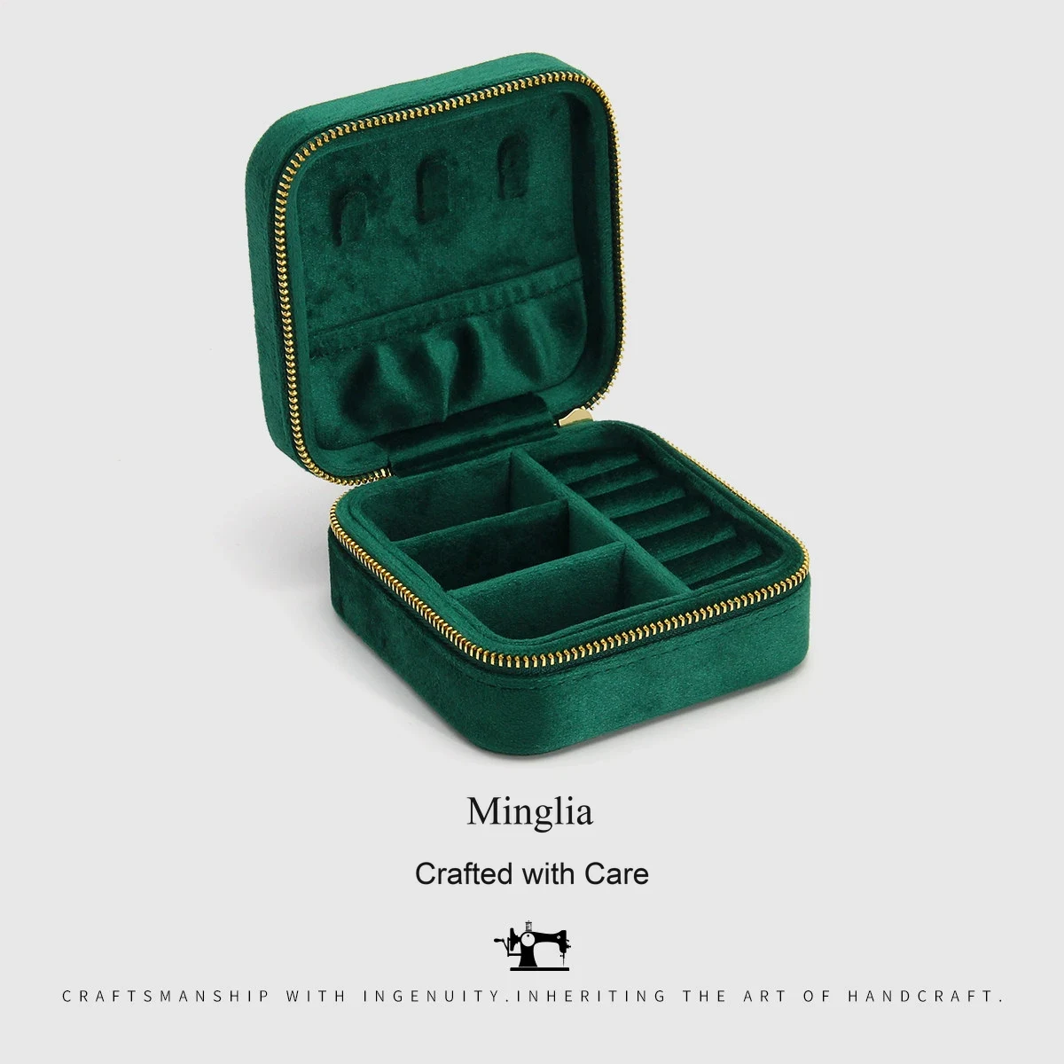 Emerald velvet · open compartment layout