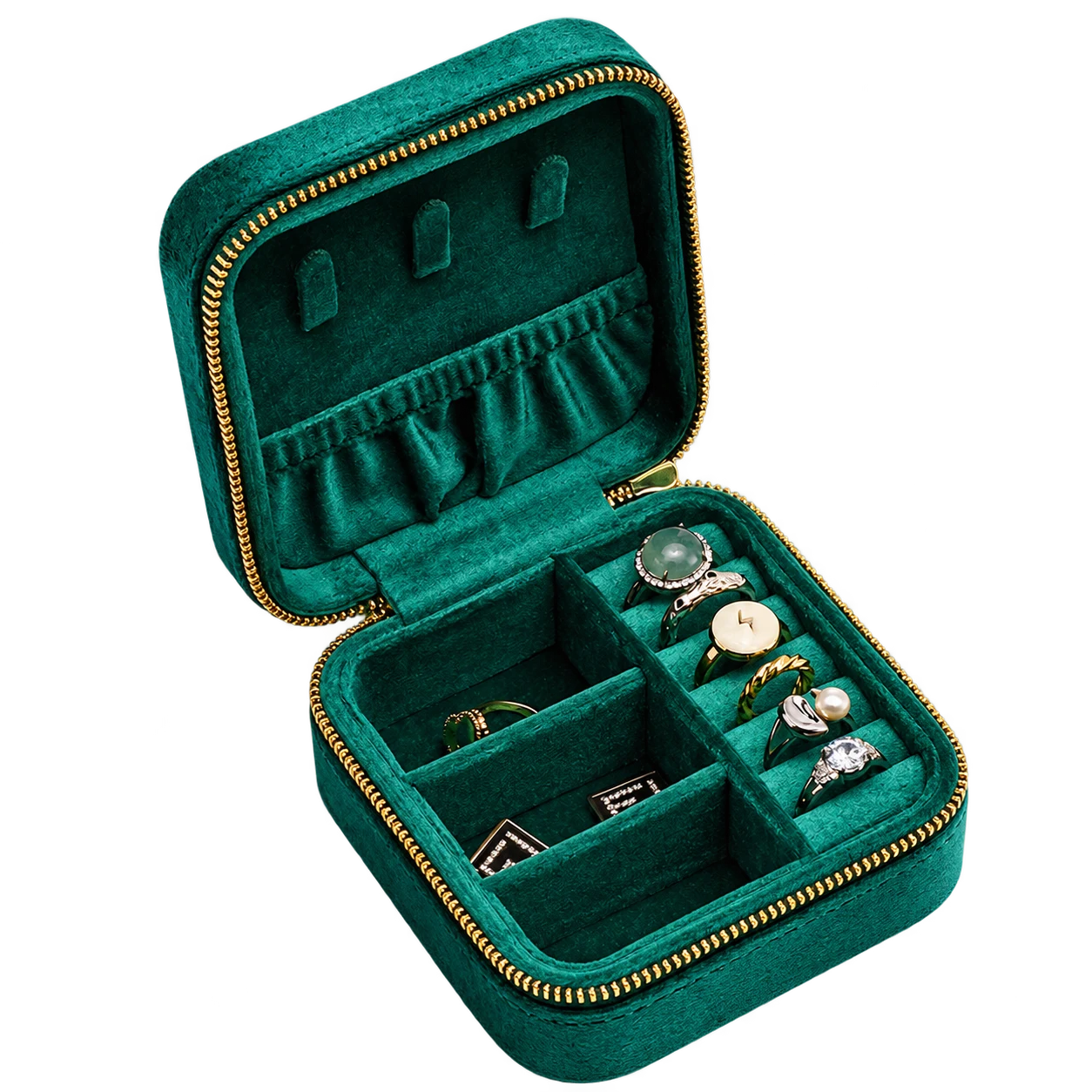 JT0004 · Emerald velvet · necklace tabs, ring slots and dividers