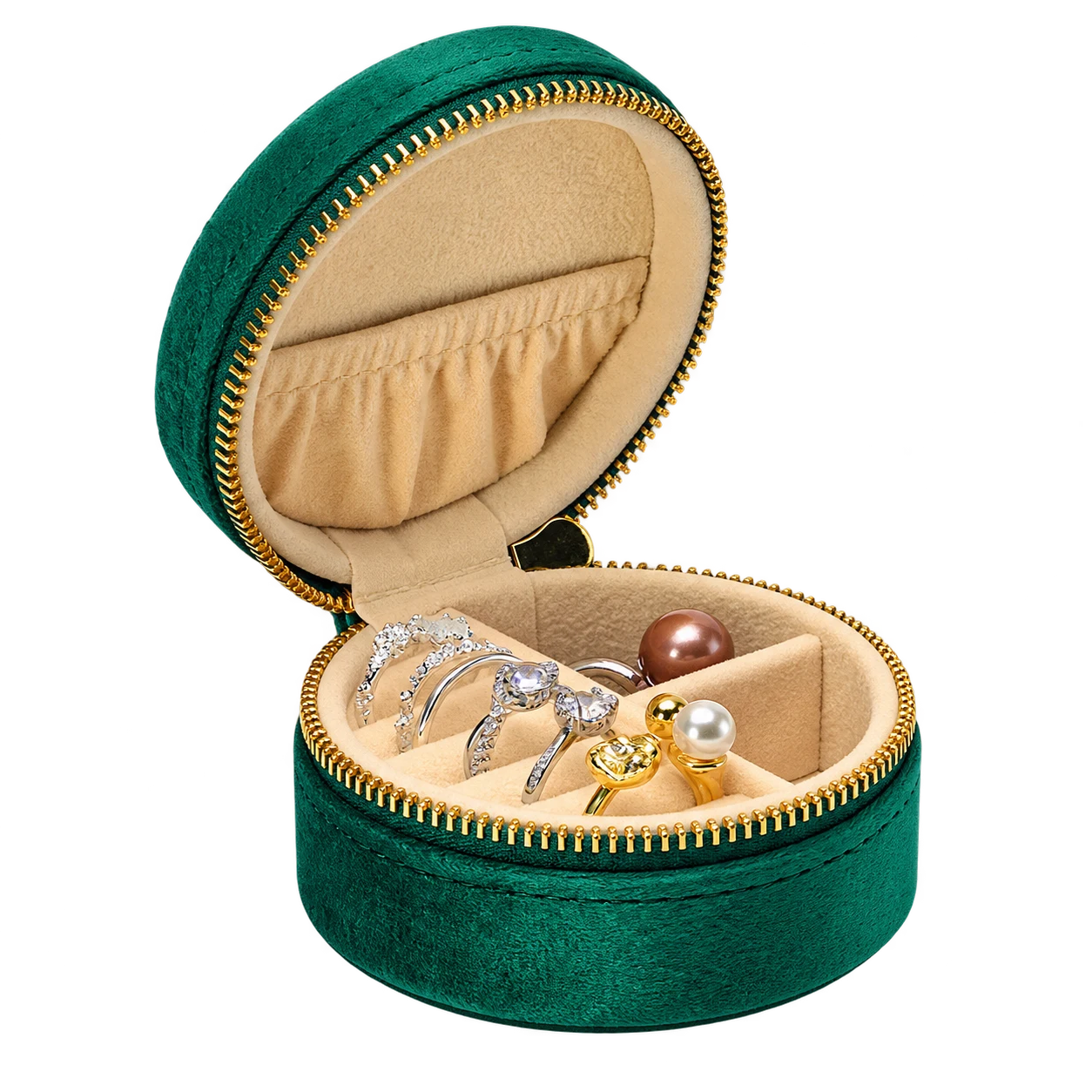JT0009 · Plain emerald · open round case and beige lining