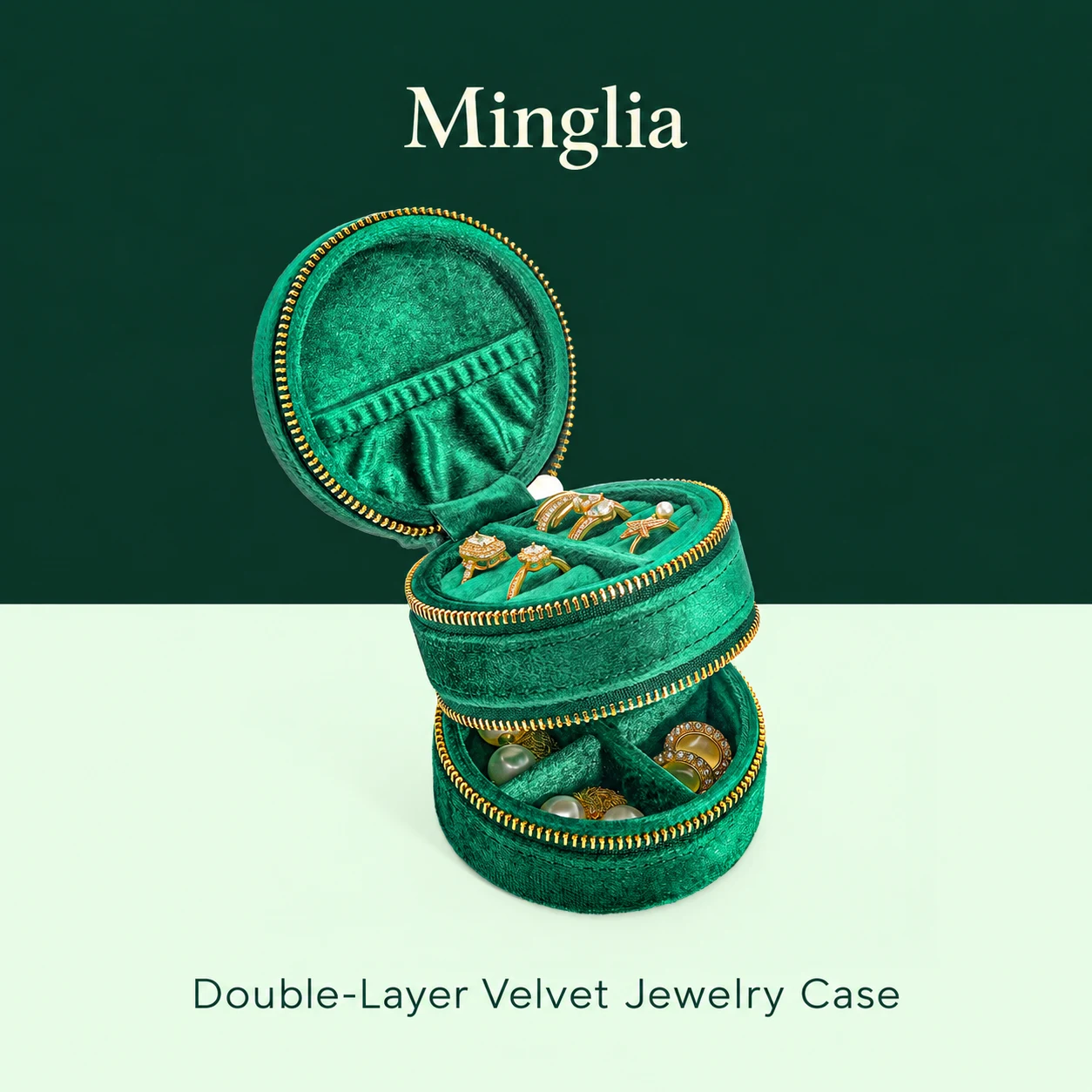 L06-9 Round two-level jewelry case, shown in Emerald